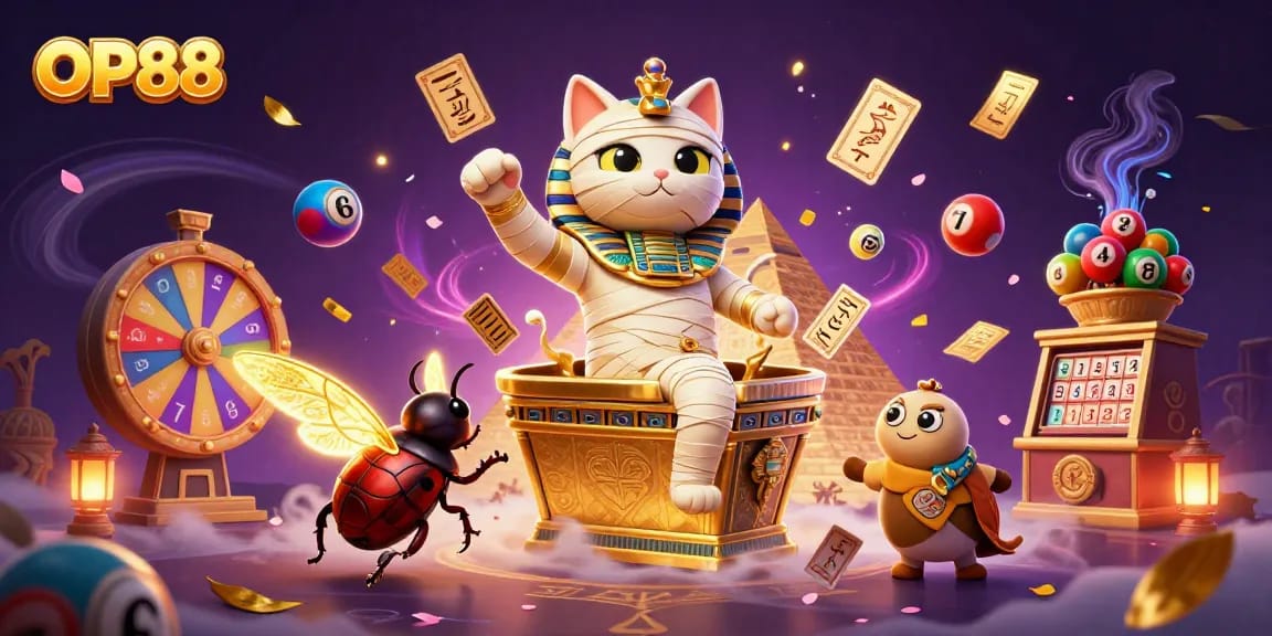 OP88 offers immersive gaming experiences with a playful Egyptian mummy in a vibrant casino scene.