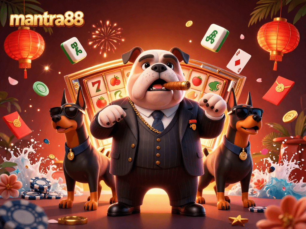 Engage in thrilling gameplay with mantra88 as a mafia boss bulldog leads a casino scene.