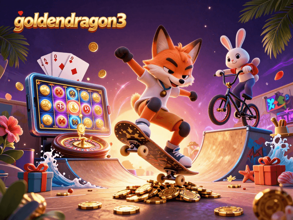 Win big in goldendragon3 with a thrilling scene of a skateboarder fox and BMX rabbit amidst dynamic casino elements.