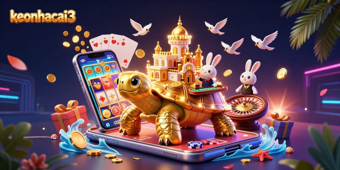 Experience thrilling betting at keonhacai3 with a vibrant scene of gold coins and a dynamic casino tortoise.