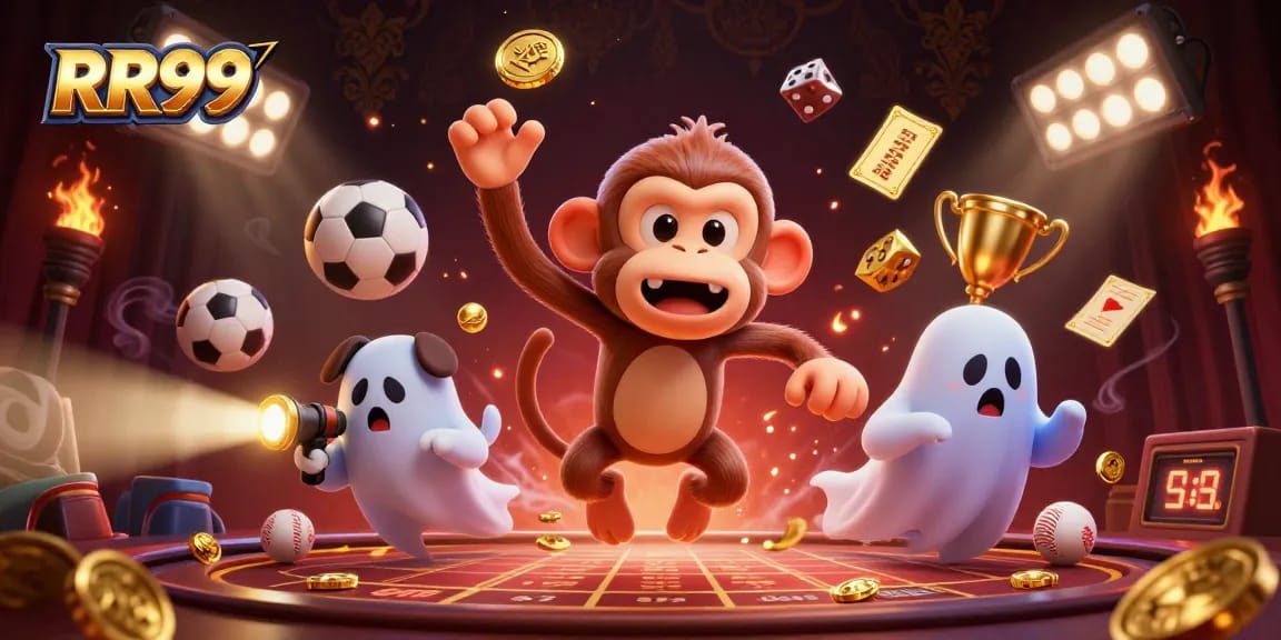 RR99 showcases a playful poltergeist monkey in a lively casino scene, engaging in thrilling gambling action.