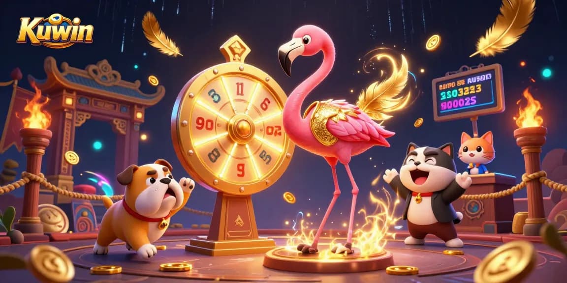 Kuwin spins the prize wheel with excitement in a dynamic casino scene filled with winning elements.