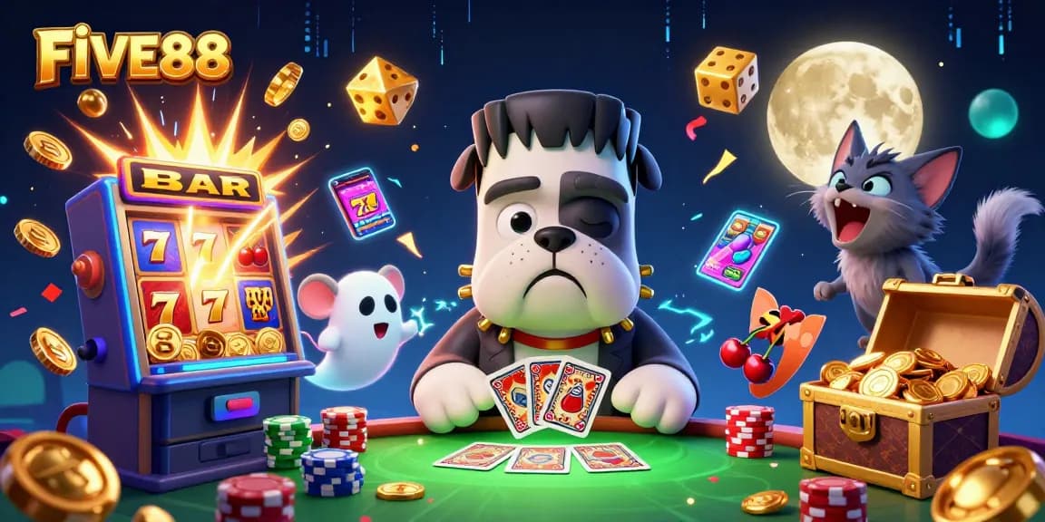 Engage with FIVE88 at a haunted casino table, where spooky characters deal cards and jackpot chaos unfolds.