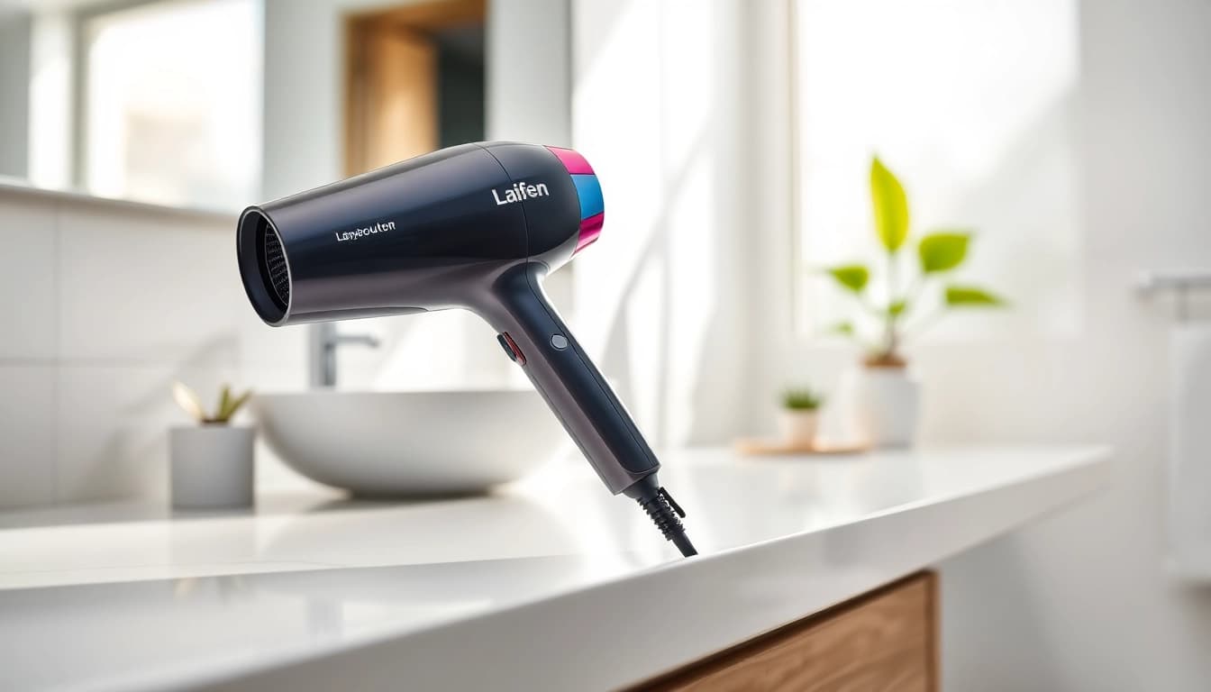 Laifen high-speed hair dryer displayed elegantly on a bathroom counter, featuring a sleek design.