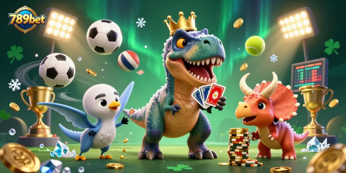Engage with 789bet's thrilling betting scene featuring a T-Rex, Pterodactyl, and Triceratops amidst vibrant casino elements.