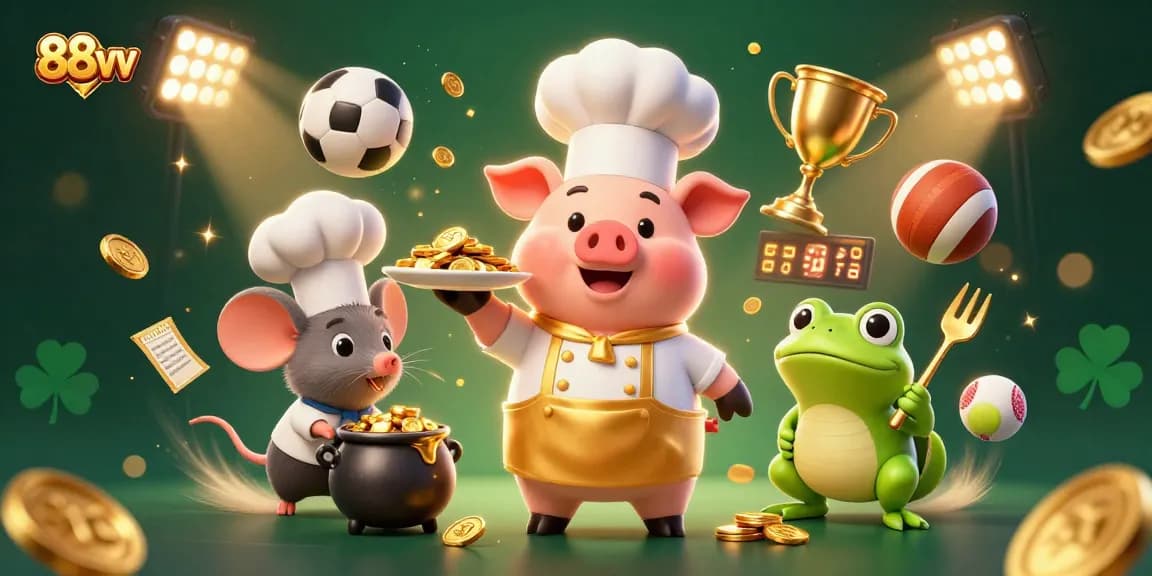 Win big with 88vv as a chef pig serves gold coins amidst sports betting excitement!