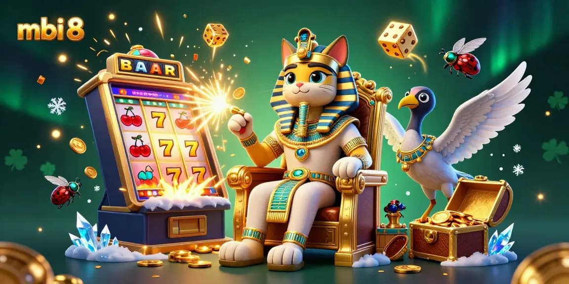 Engage in thrilling gameplay at mbi 8, featuring a vibrant 3D illustration of a pharaoh cat and gaming elements.