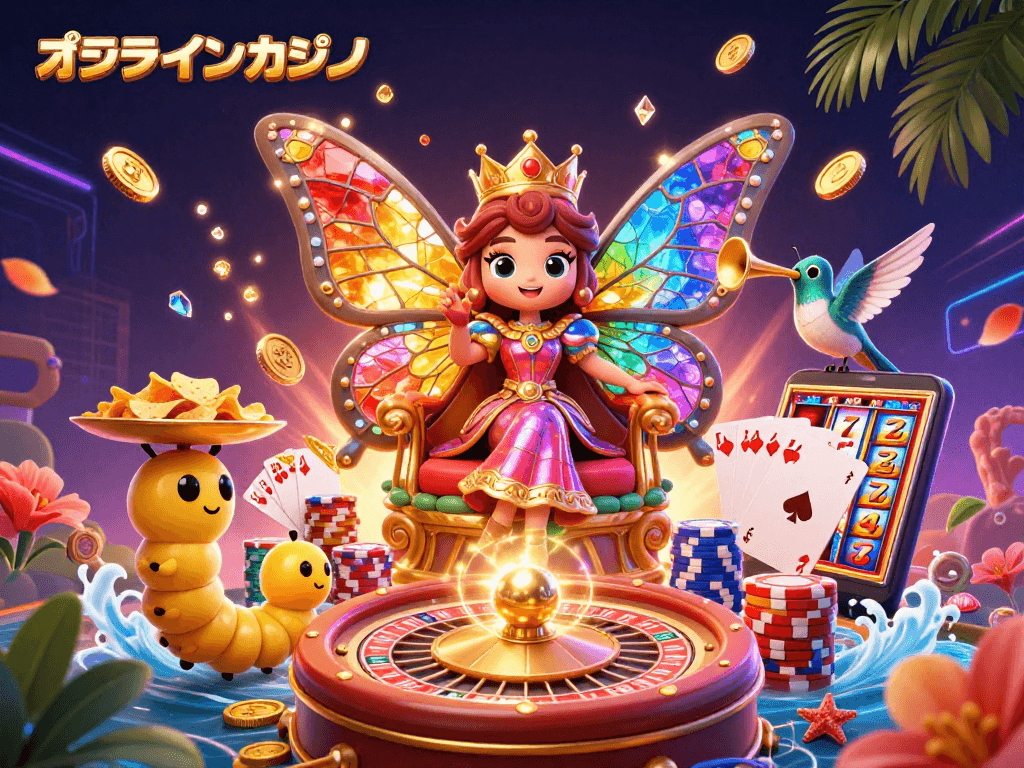 オンラインカジノを楽しむ3Dイラスト、色彩豊かなキャラクターとゲーム要素が満載。