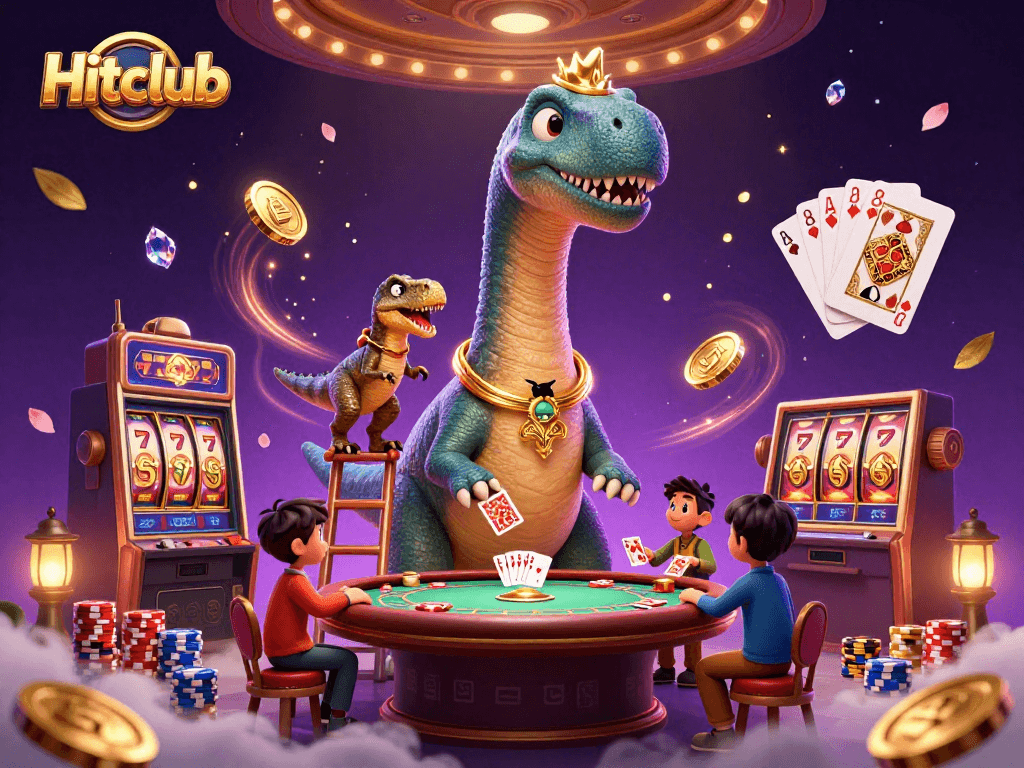 Hitclub showcases a vibrant casino scene with a giant brontosaurus and dynamic game elements.