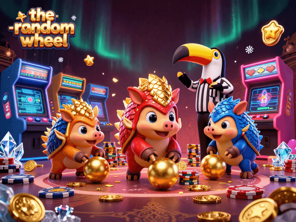 Rival pangolins compete in the-random-wheel game, surrounded by vibrant casino elements.