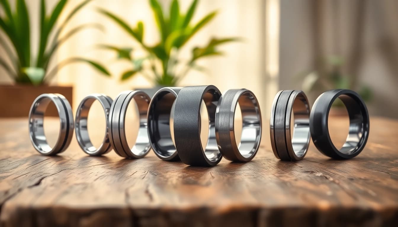 Showcase of tungsten metal rings highlighting unique styles and finishes on a wooden table.