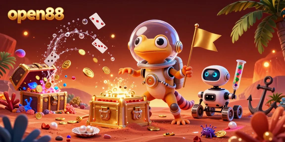 Experience the exciting world of open88 with a Martian gecko discovering a golden casino's treasures.