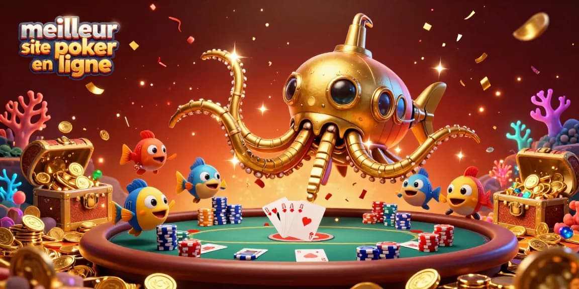 Illustration dynamique du meilleur site de poker en ligne avec poker, jetons et une ambiance festive.
