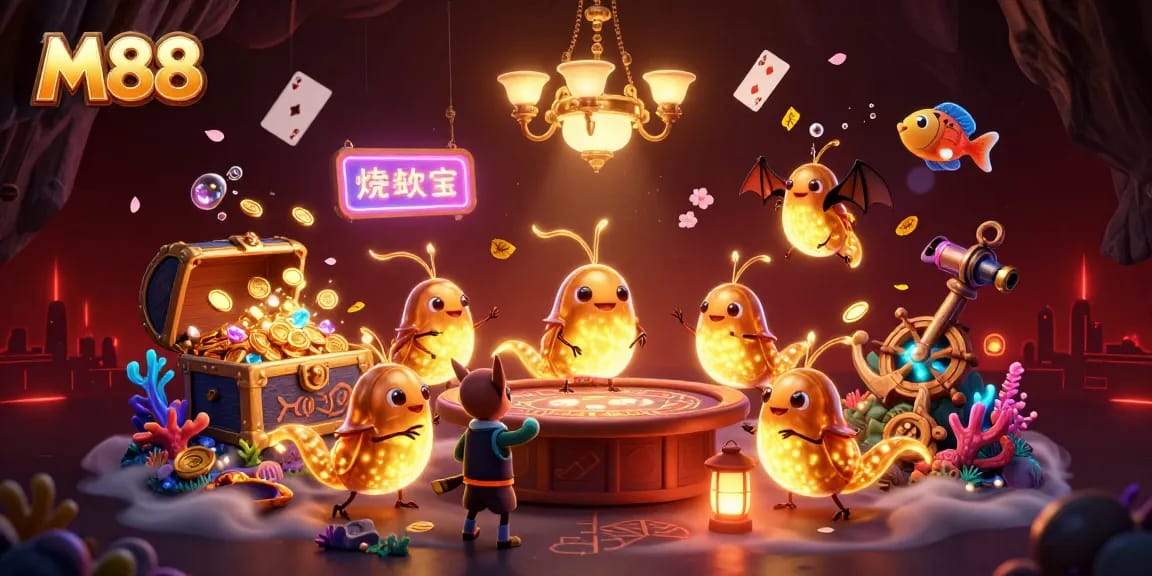 M88 offers dynamic online gaming experiences with glowing characters lighting up an engaging casino scene.