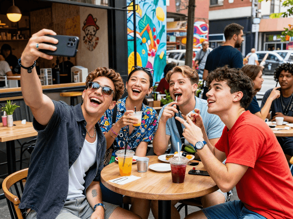 Friends resembling celebrities enjoying a sunny day out, showcasing vibrant styles that look like a celebrity.