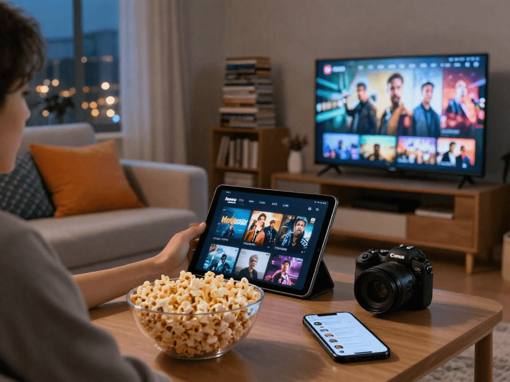 Enjoying the Moviebox apk on a tablet in a cozy living room, perfect for movie nights