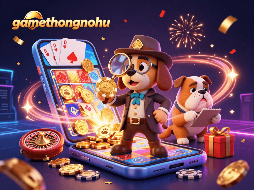 gamethuongnohu wins with 3D detective discovering poker chip clues in a vibrant casino scene