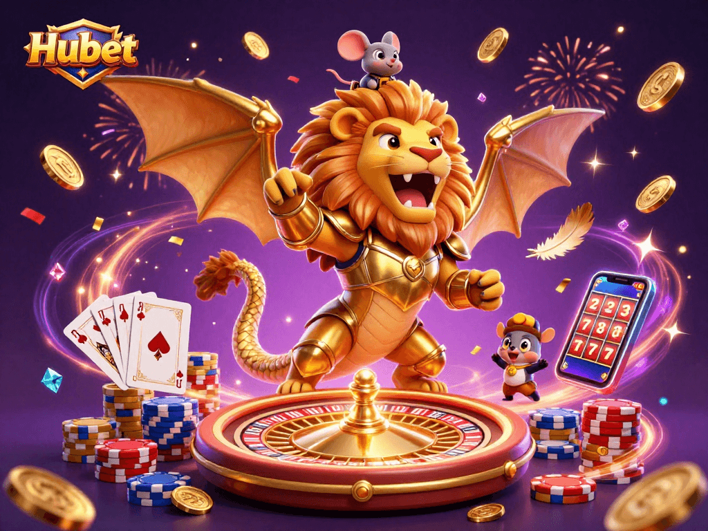 Experience the excitement of Hubet's gaming world with a colorful, dynamic 3D casino illustration.