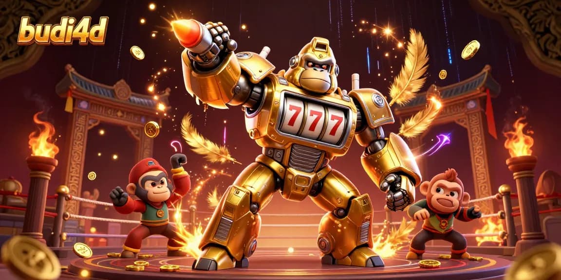 Engage with budi4d's thrilling slot action featuring a golden gorilla mech and vibrant game elements.