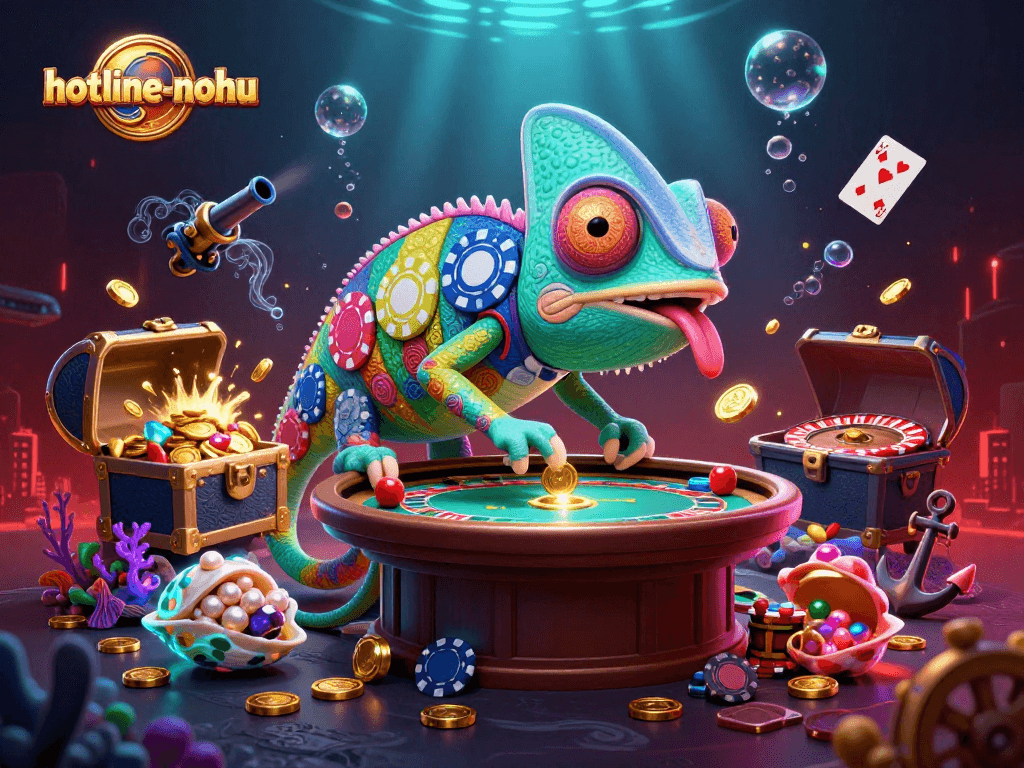 Engage with hotline-nohu in a vibrant 3D casino scene showcasing a chameleon casino owner with dynamic action and gambling elements.