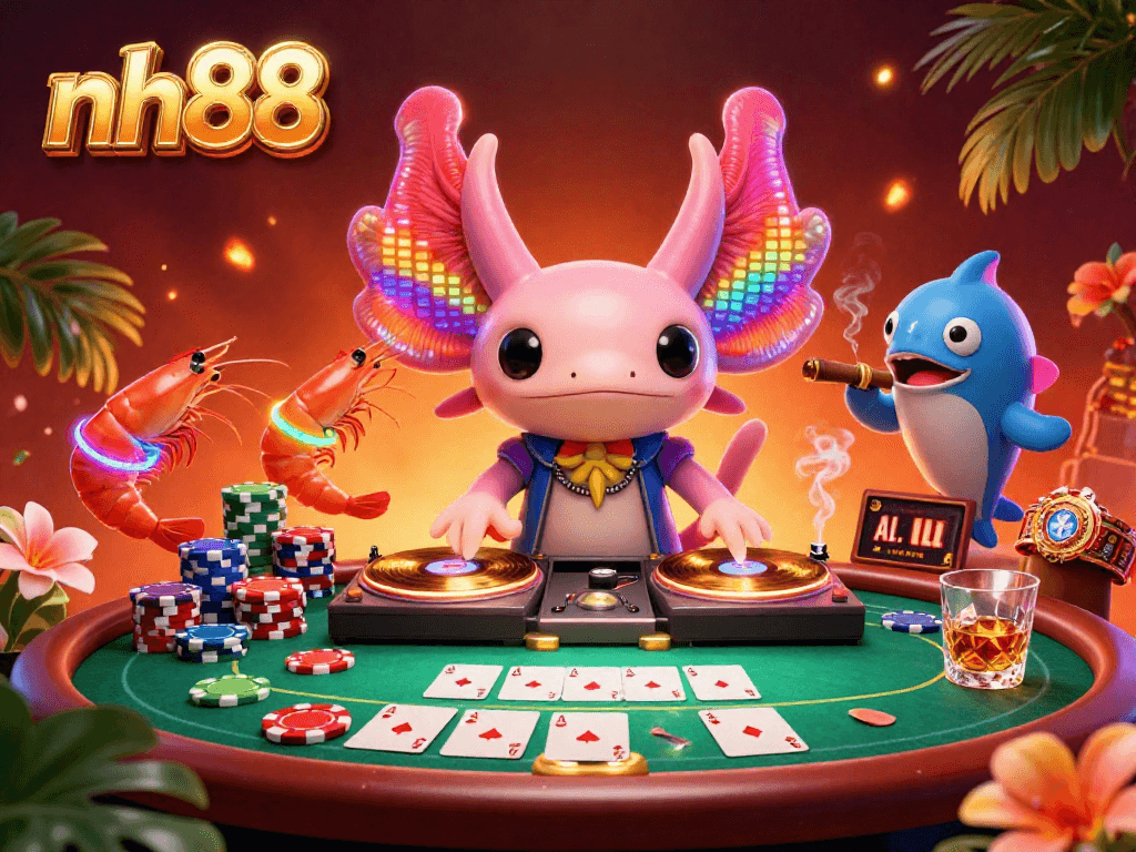 Capture the excitement at nh88 with a neon axolotl DJ spinning records in a vibrant casino scene.