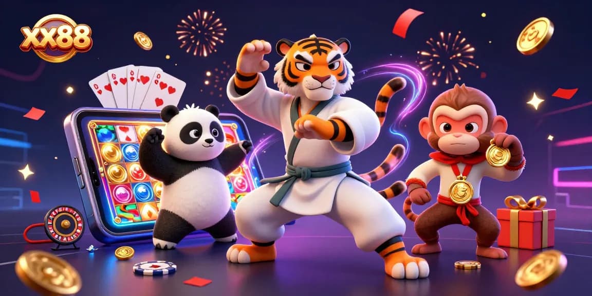 xx88 celebrates casino excitement with a kung fu tiger and panda playing games amidst coins and prizes