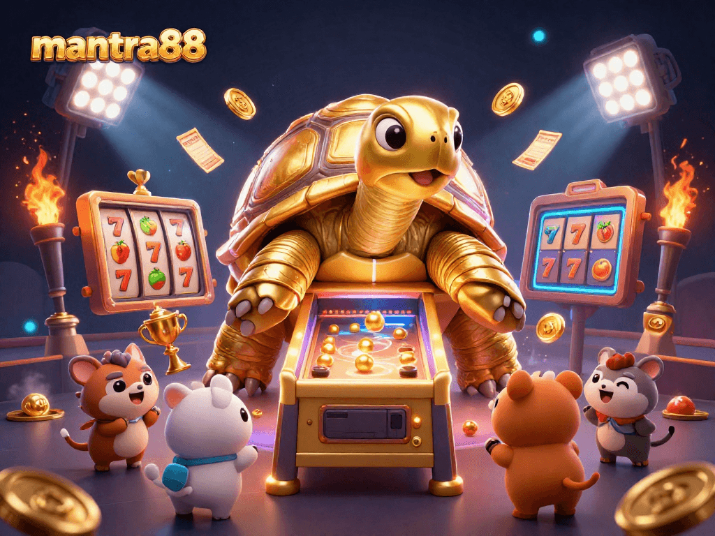 Experience the excitement of jackpot games at mantra88 with our thrilling 3D illustration of a golden tortoise slot machine in action.