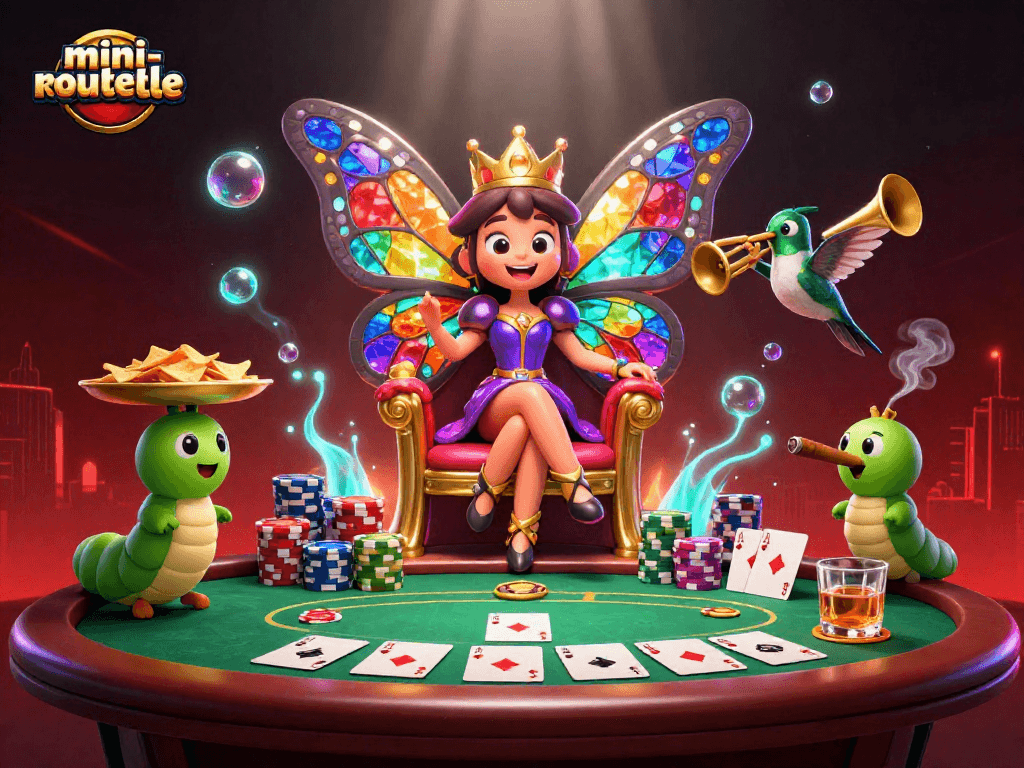 Experience the thrill of mini-roulette with a colorful 3D illustration of a butterfly queen and poker elements.