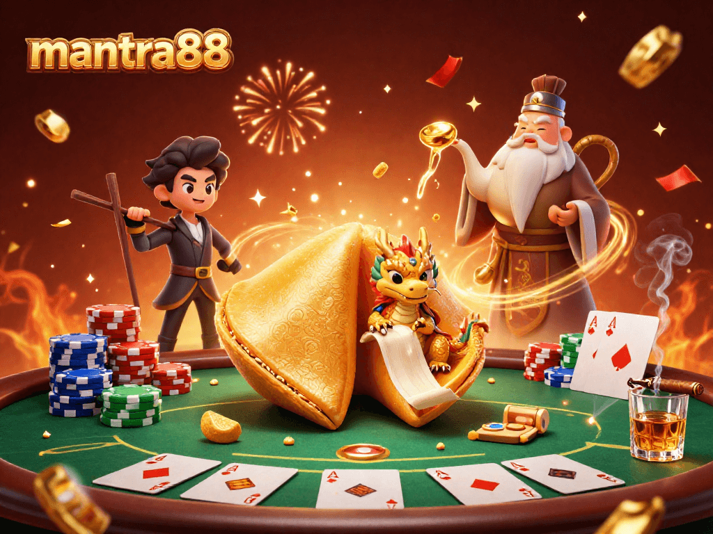 Experience the excitement of mantra88 with a giant fortune cookie, poker elements, and festive celebration!