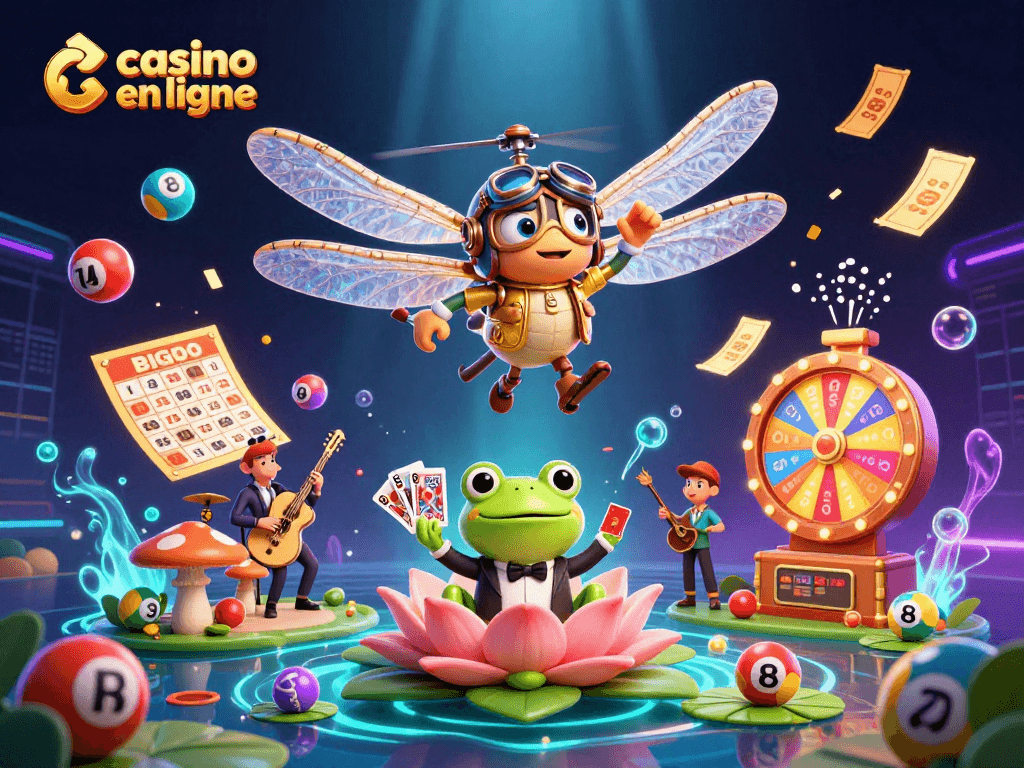 Le casino en ligne animé où un pilote de libellule s'envole au-dessus d'un casino avec croupiers et musique jazz.