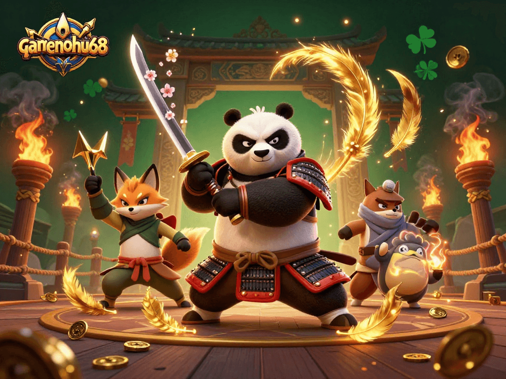 Engage with gamenohu68's thrilling gaming atmosphere, featuring samurai panda and ninja fox in a vibrant casino showdown.