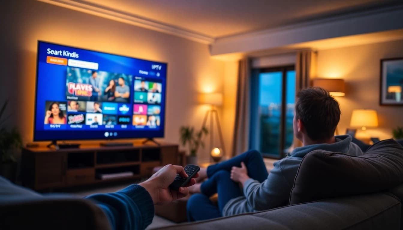 Experience iptv Canada with a cozy family watching diverse channels on a smart TV.