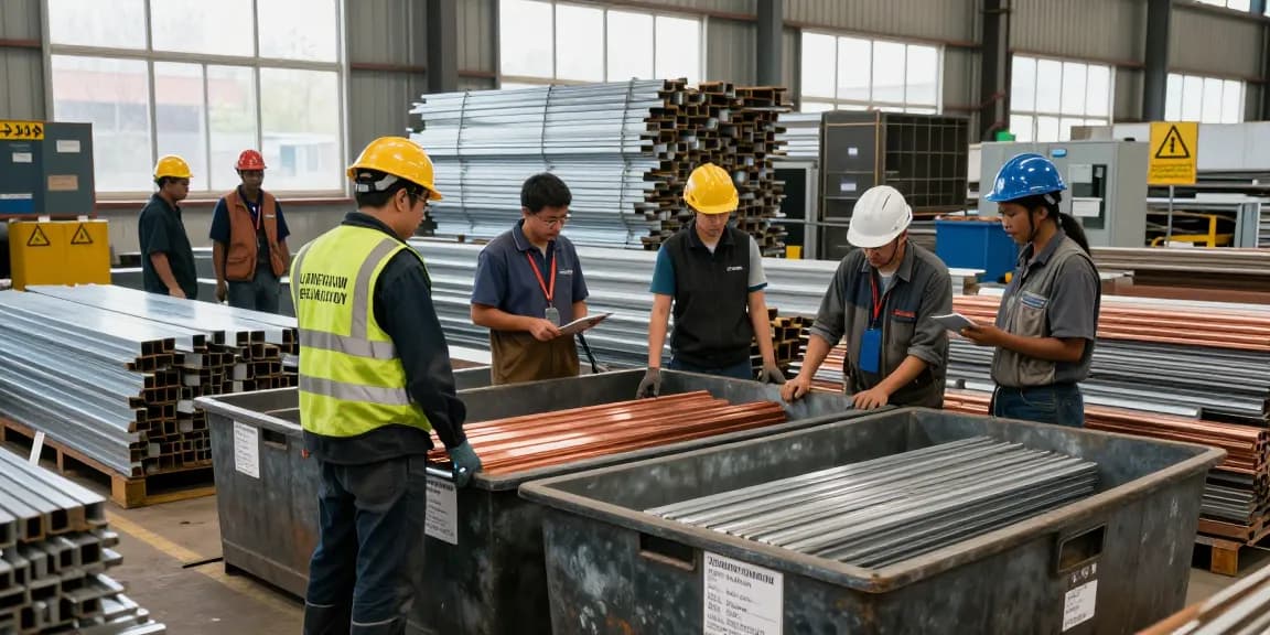 Kolaborasi tim di lingkungan industri scrap metal berkualitas https://www.scrapsolutionplace.com/ yang menunjukkan berbagai jenis logam.