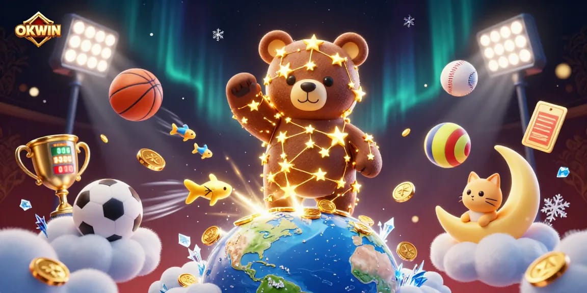 Experience thrilling gaming moments with OKWIN's 3D animated scene showcasing vibrant casino elements.
