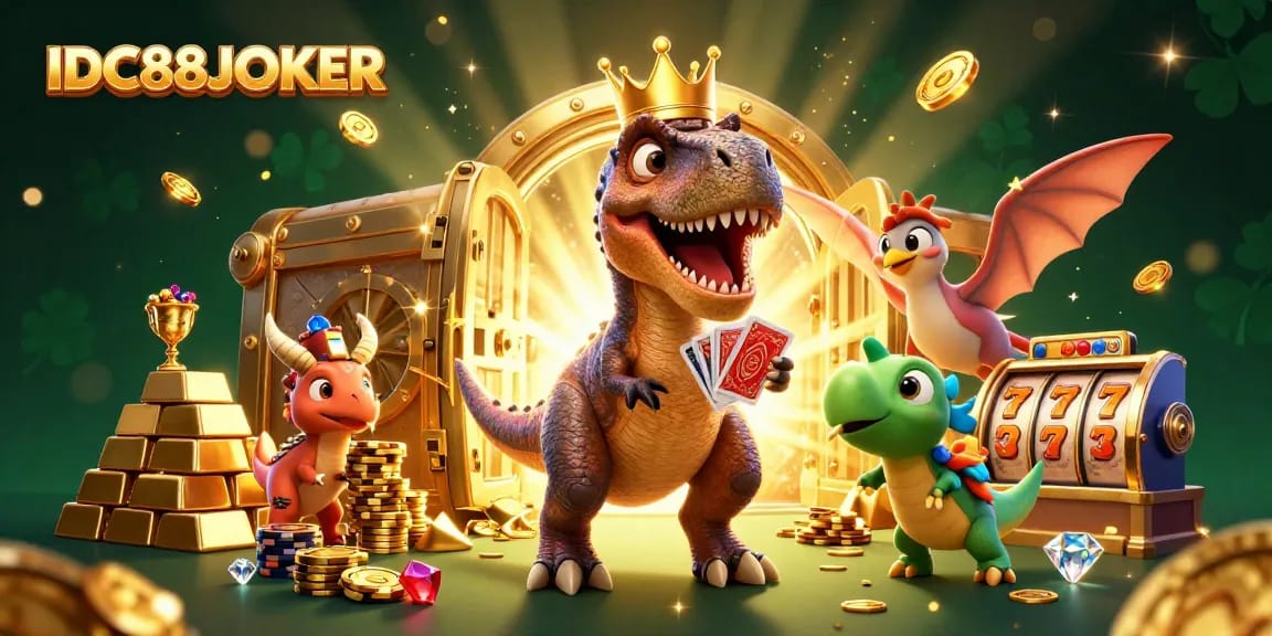 Engage in thrilling gaming adventures with IDC88JOKER, featuring vibrant casino elements and animated characters.