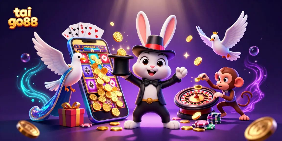 Interact with tai go88 as a magician rabbit conjures golden coins amidst casino magic and vibrant game elements.