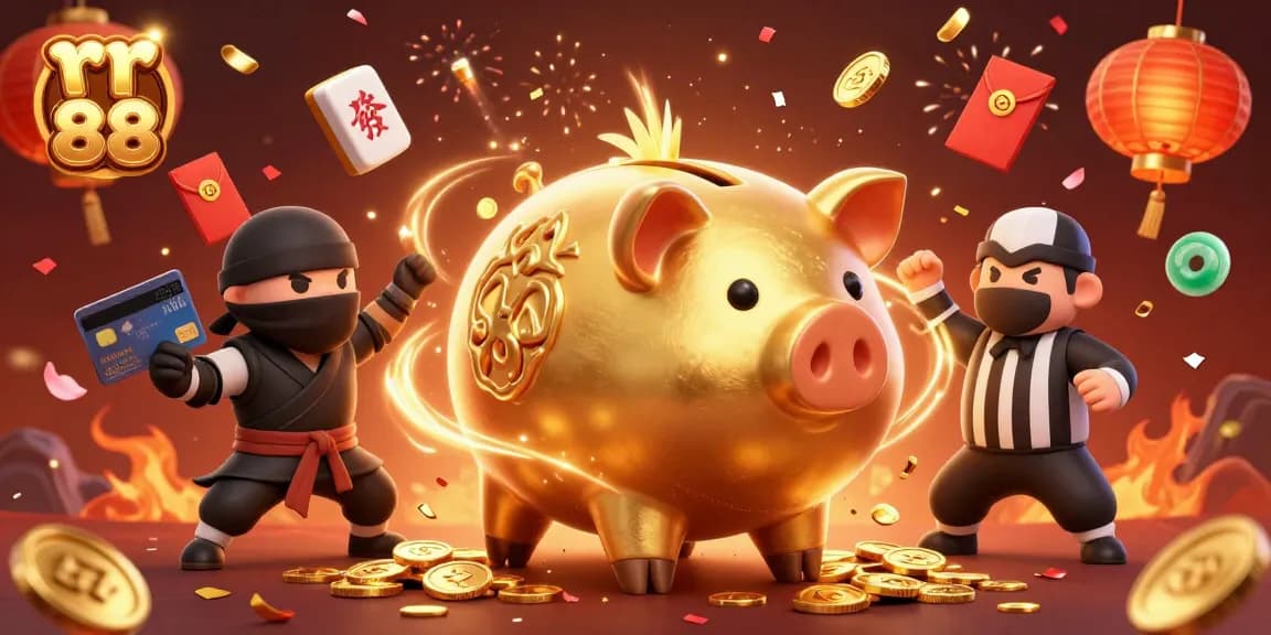 Experience the excitement of rr 88 with a dynamic scene featuring casino characters and festive elements.