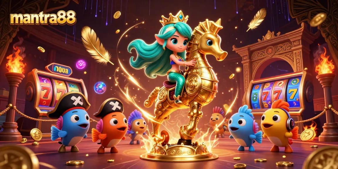Engage in thrilling gameplay at mantra88 with a vibrant scene of a mermaid princess amidst casino excitement.