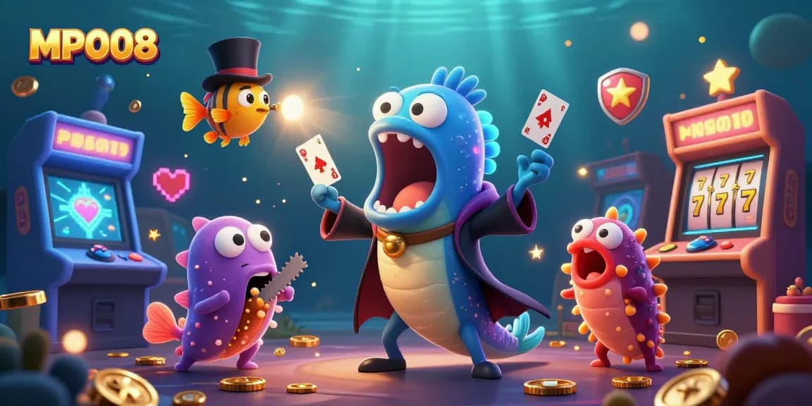 MPO08 enhances gaming thrill in a vibrant, interactive 3D casino scene full of dynamic characters and elements.