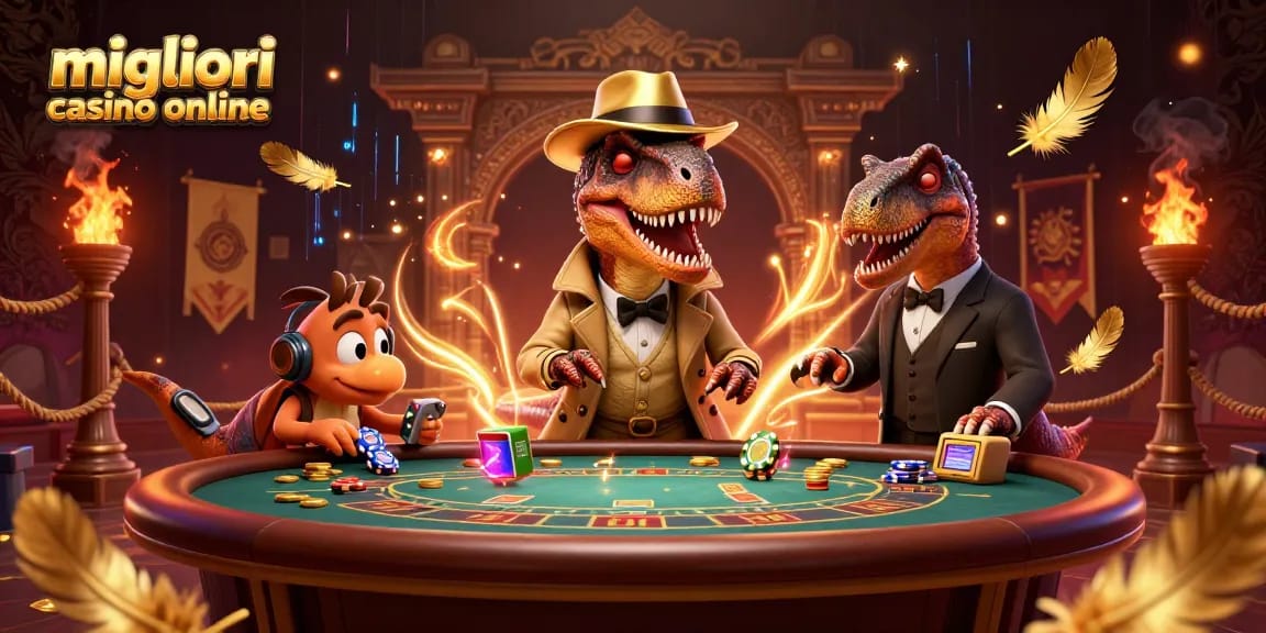 I migliori casino online animati in una scena di gioco con un velociraptor e un pit boss di stegosauro