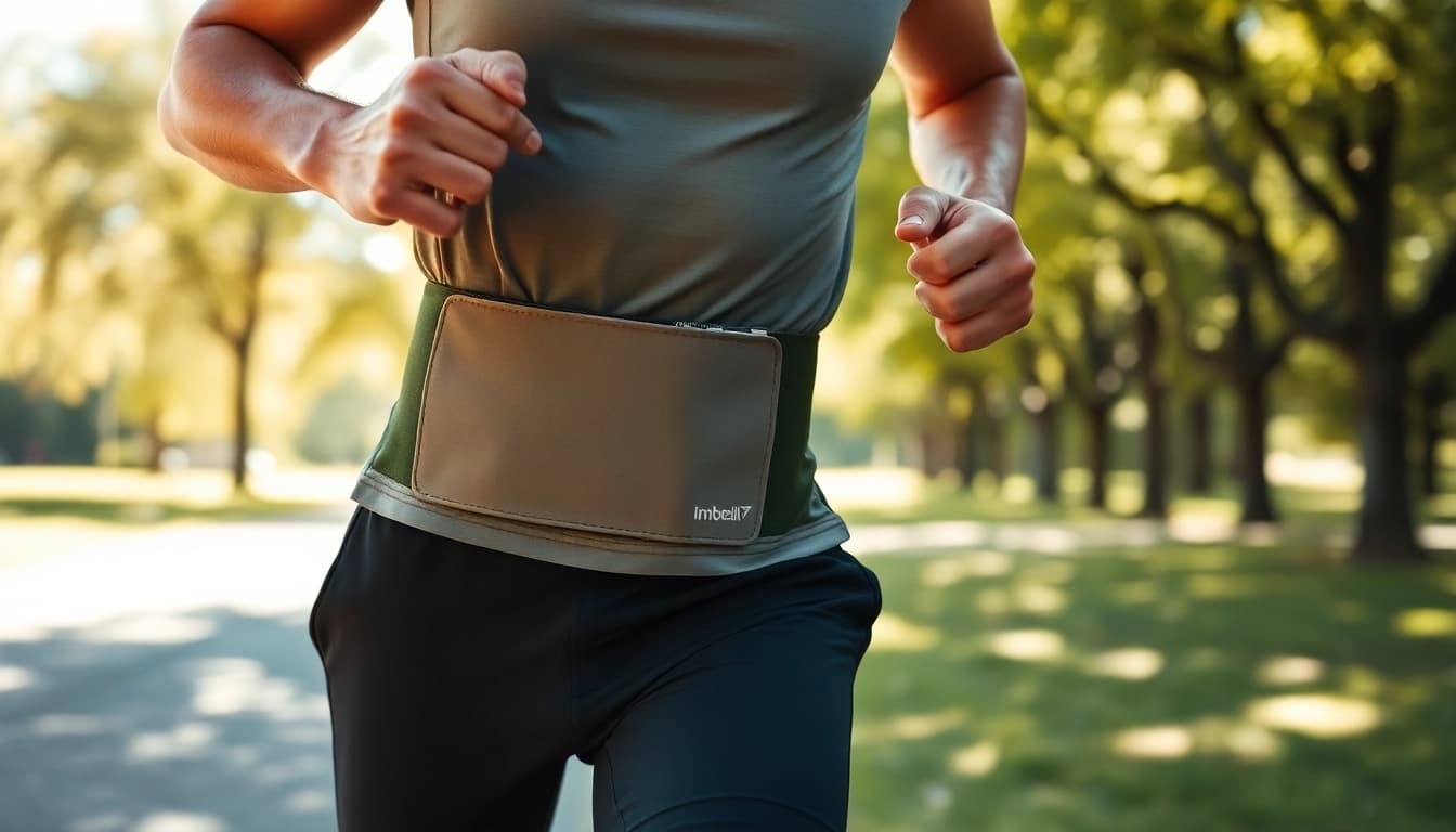 Person wearing running belts while running in a scenic park showcasing energy and movement.
