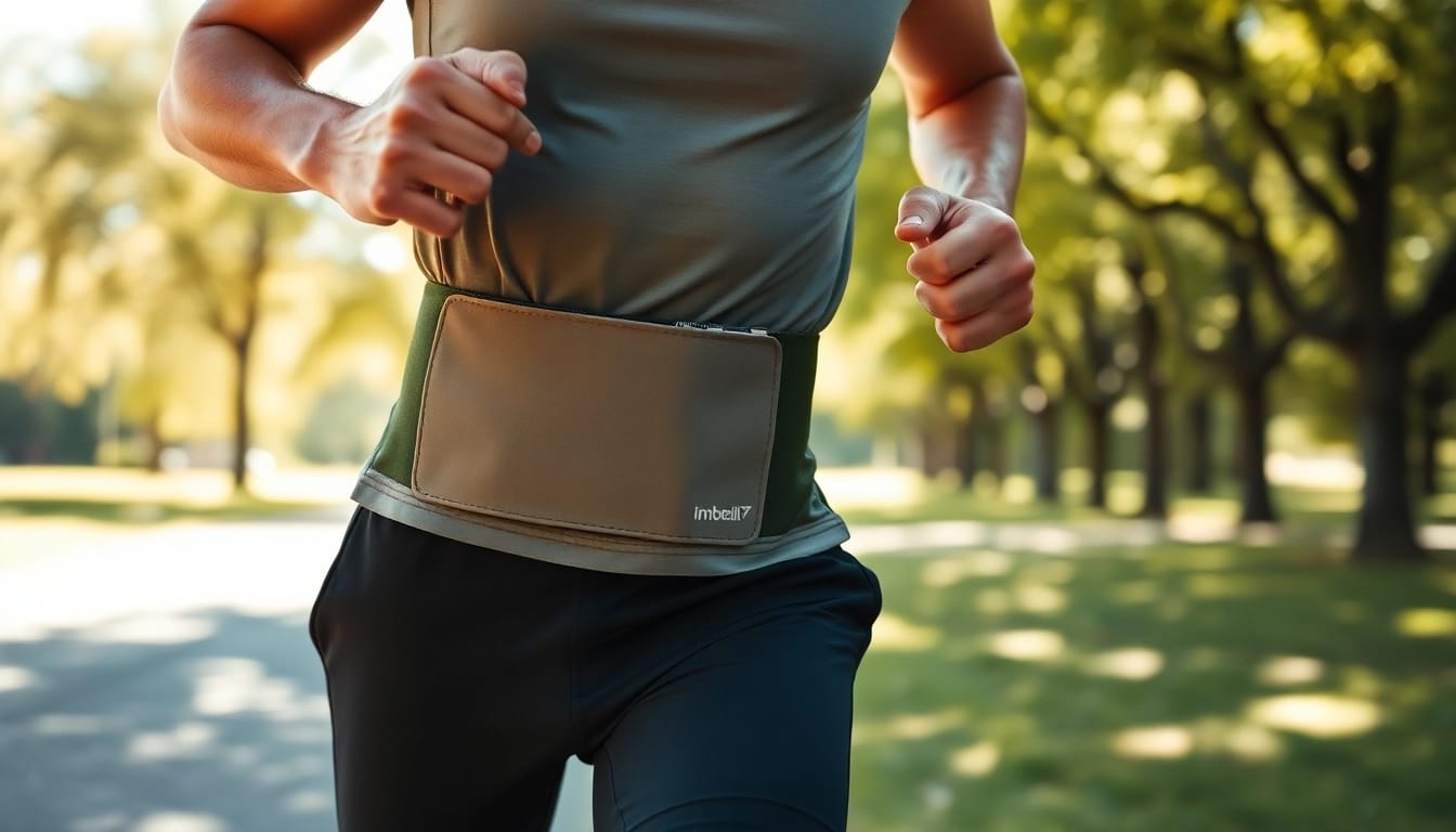Person wearing running belts while running in a scenic park showcasing energy and movement.
