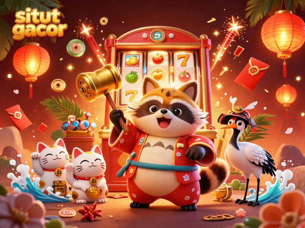 Experience situs slot gacor with a cheerful tanuki and exciting slot elements in this vibrant illustration.