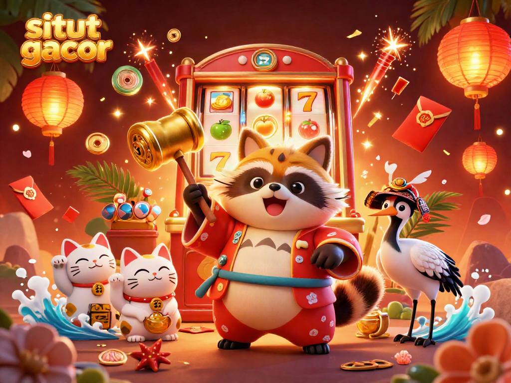 Experience situs slot gacor with a cheerful tanuki and exciting slot elements in this vibrant illustration.