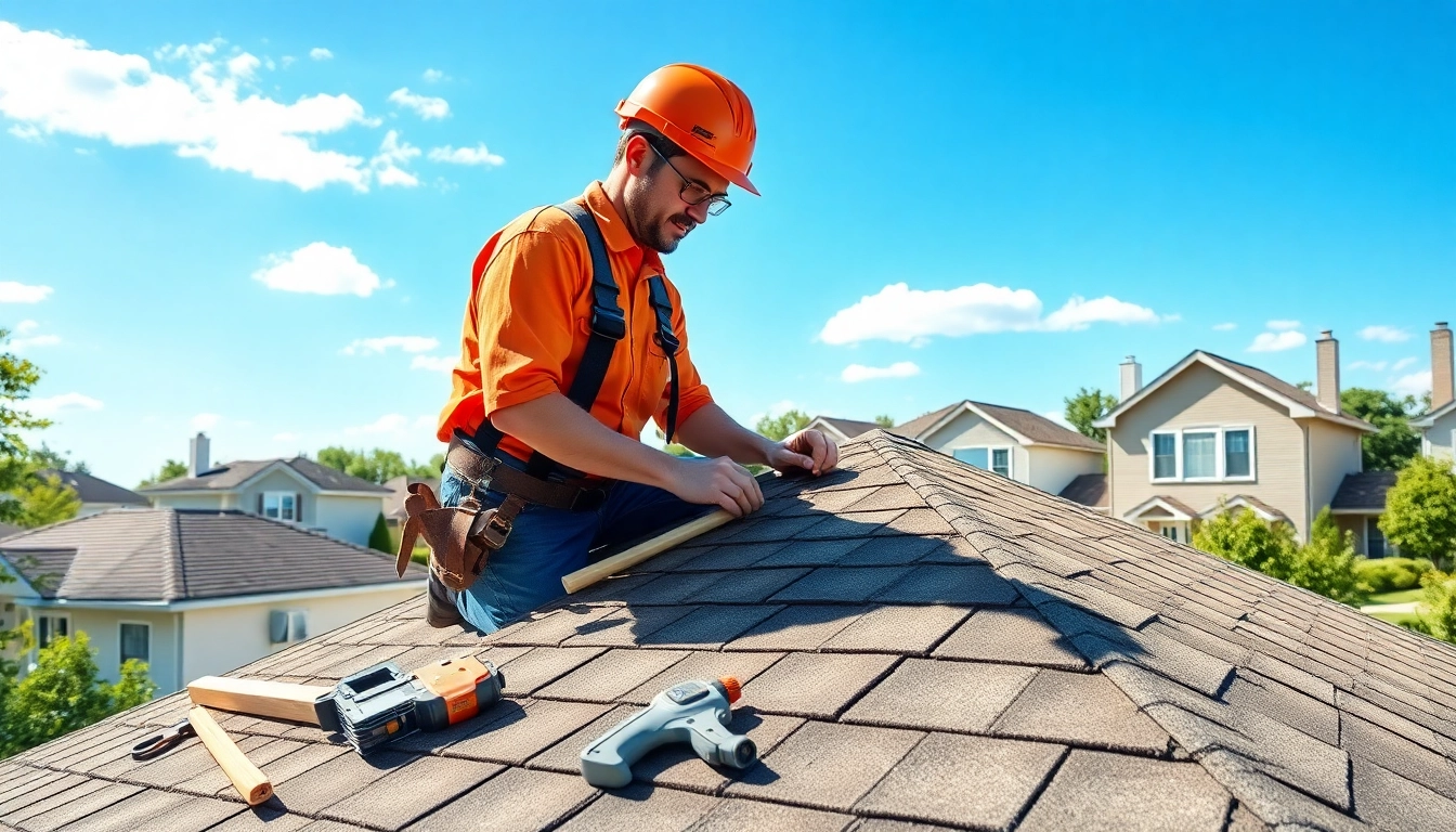 Capture a contractor inspecting a roof while representing a trusted Solon local roofing company.