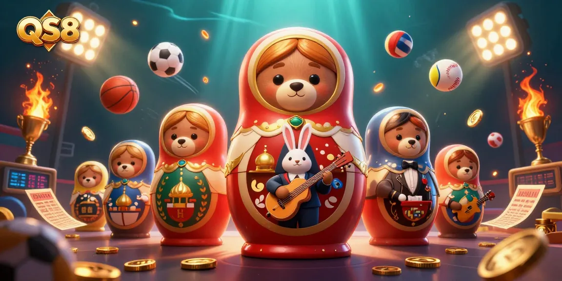 QS88 brings excitement to life with casino-themed bears and sports elements in a vibrant scene.