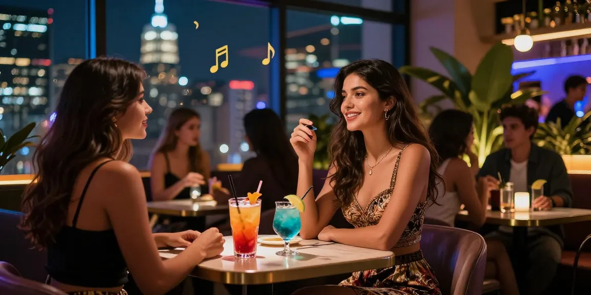 Gái gọi trong không gian tiệc tùng sôi động với bạn bè tại quán bar, đèn lồng lung linh.