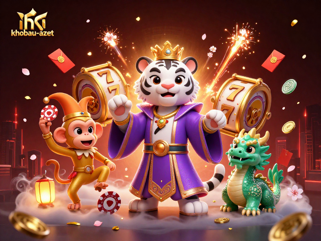 Experience thrilling spins with khobau-aztec, surrounded by dynamic slot reels and vibrant 3D elements.