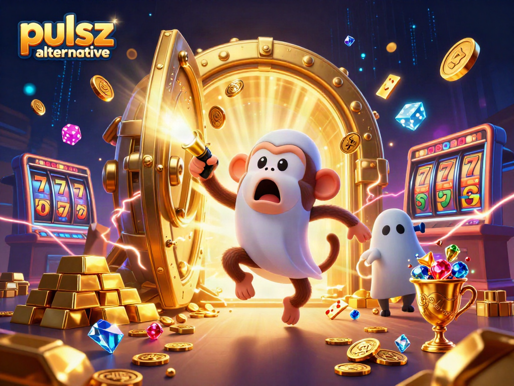 Experience the magic of pulsz alternatives with the mischievous monkey and eager ghost-hunter puppy in a vibrant casino environment.
