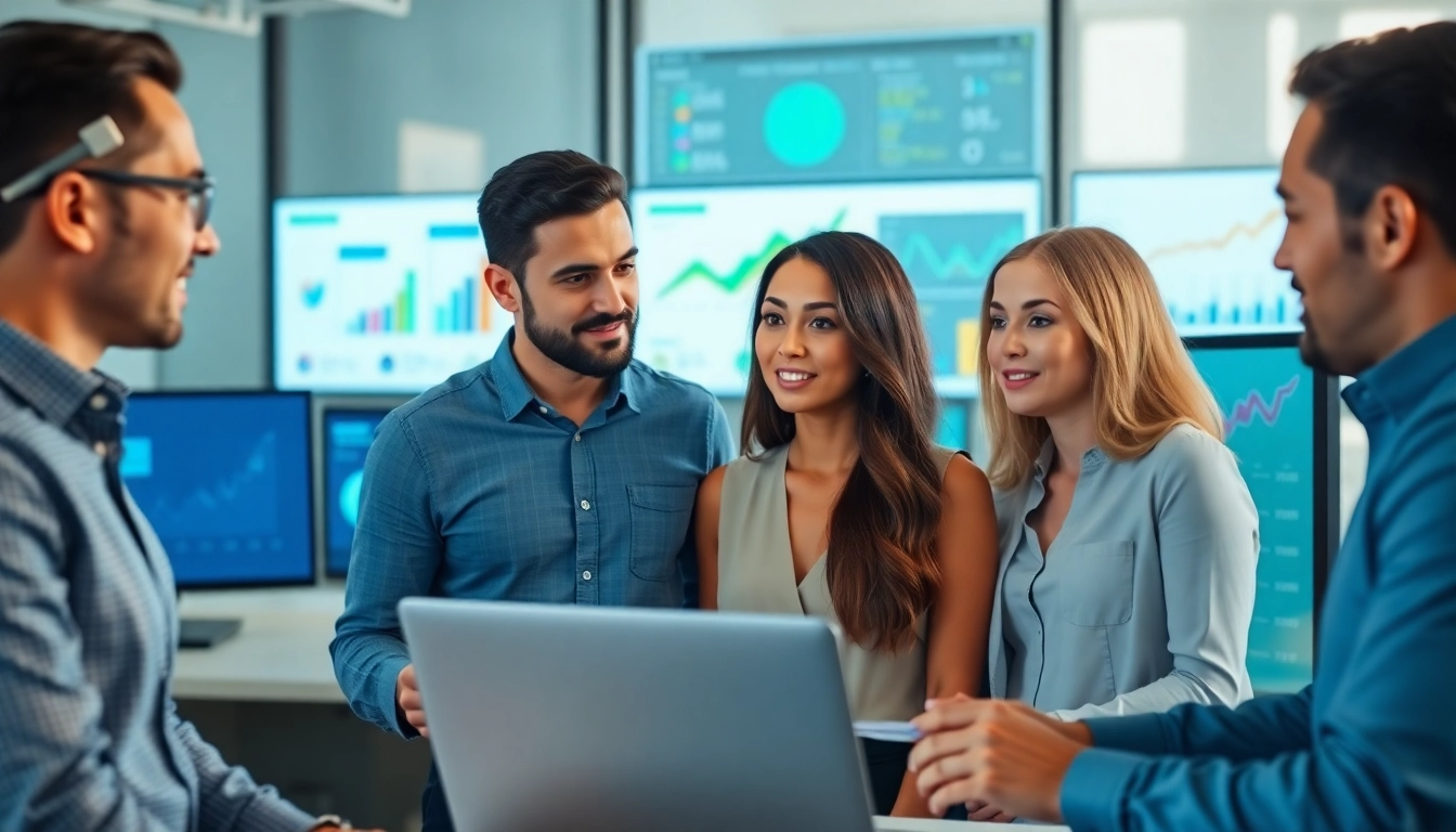 Collaborative scene featuring Shopify experts discussing eCommerce strategies in a modern office.
